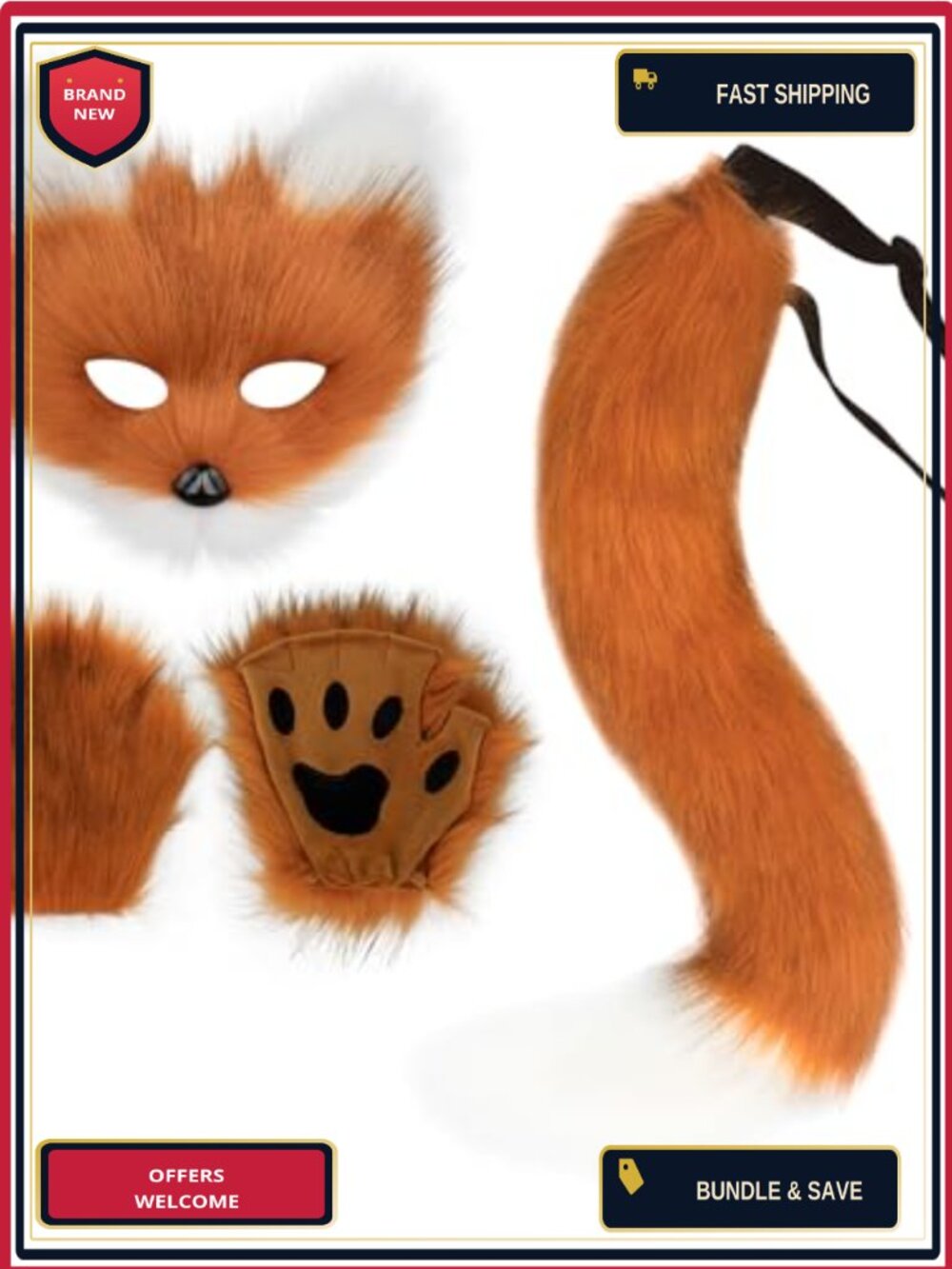Faux Fur Fox Tail Cat Wolf Set Plush Mask Fluffy Paw Gloves Halloween Accessory